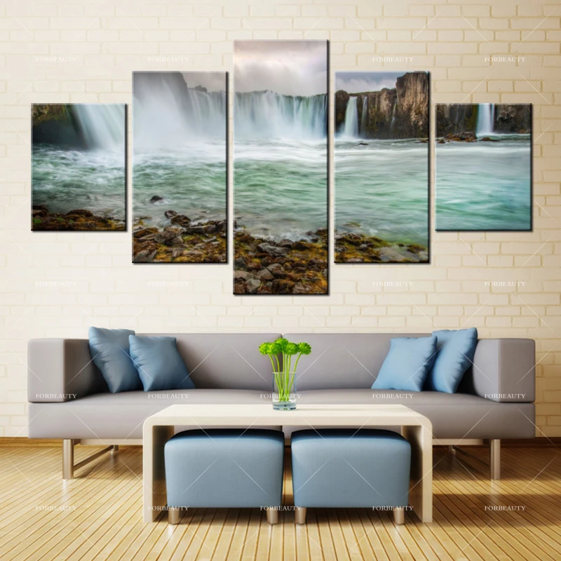 ForBeauty Холст Живопись стены искусства iceland_falls_stones_cloudy_rocks_streams рисунок брызгами водостойкие чернила домашний декор