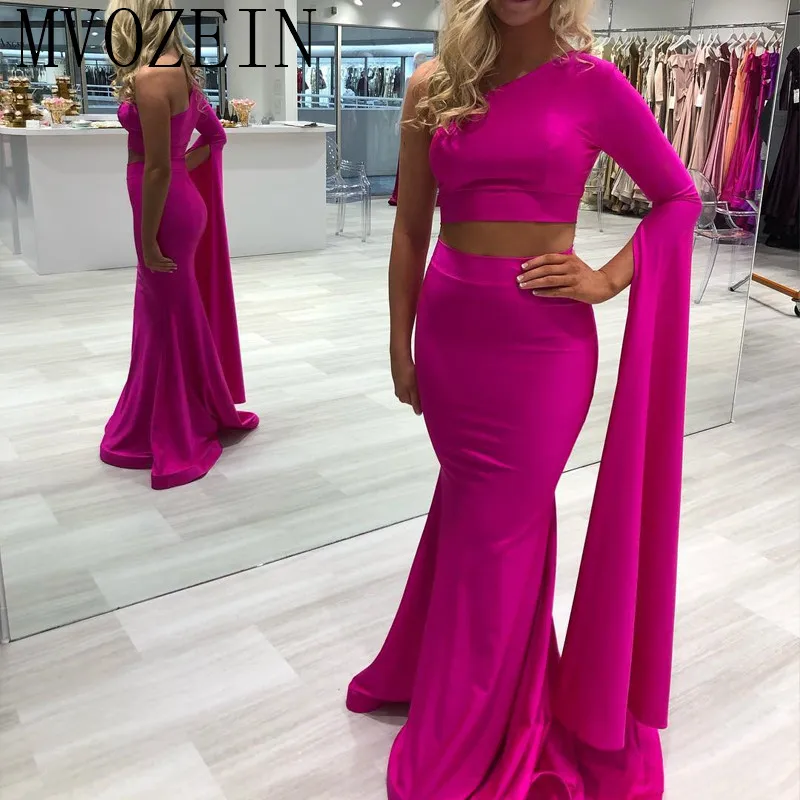 

Muslim Evening Dresses Long One Shoulder Full Sleeves Mermaid Evening Dress Formal Party Gowns Robe de soiree vestidos