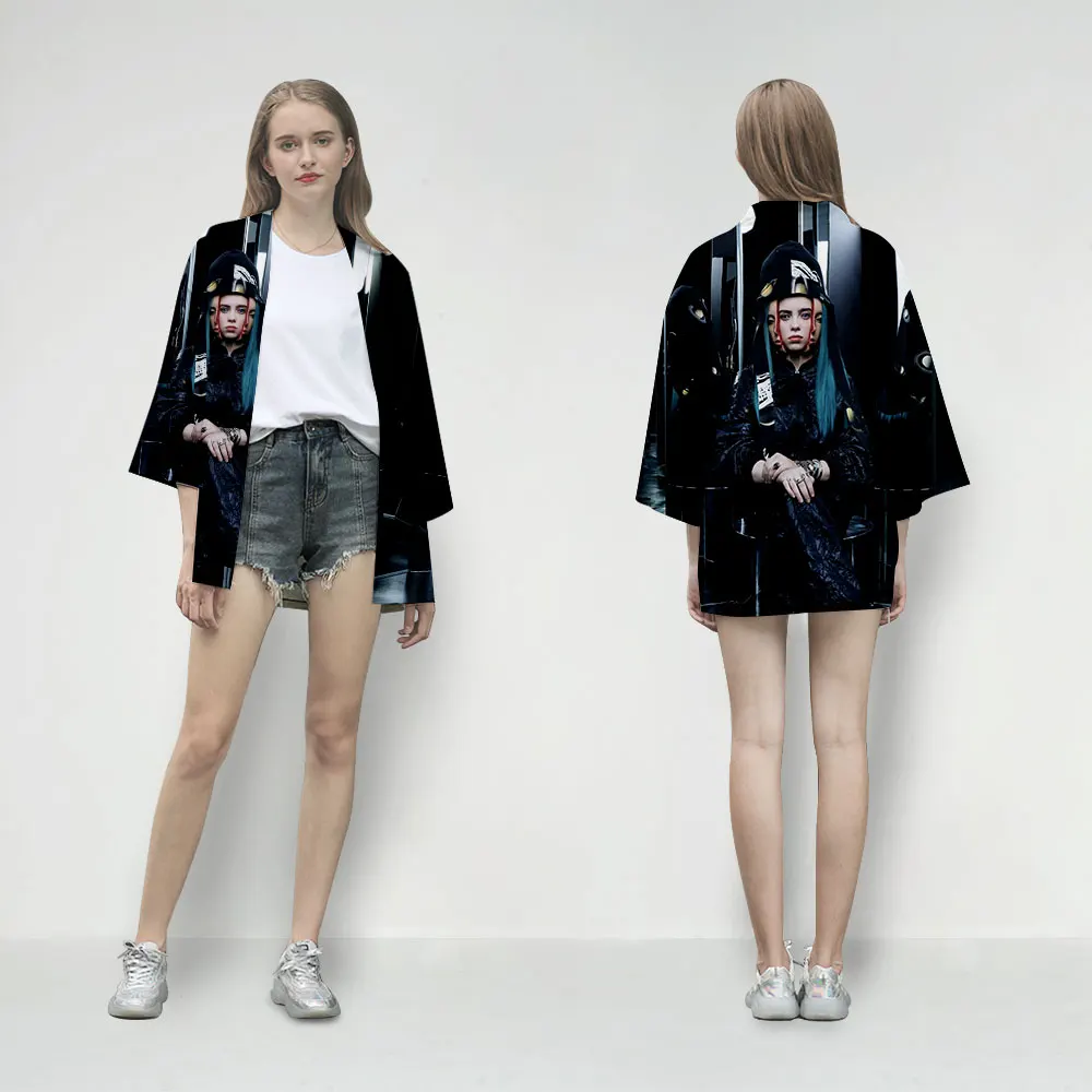 Популярное женское кимоно Billie Eilish3D, модное летнее зеленое кимоно, футболка, кардиган, повседневный топ с короткими рукавами в японском стиле