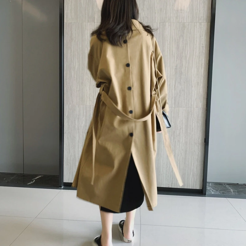 

2019 Back Button Long Sleeve Solid Color Windbreaker Loose Woman Overcoat Autumn Coat
