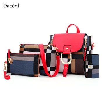 

4 piece set mother and daughter bag Plaid ladies shoulder bag PU female compound bag girl messenger bag ladies handbag 2020