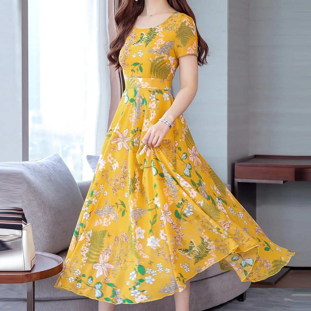 Summer Yellow Floral Chiffon Midi Dress