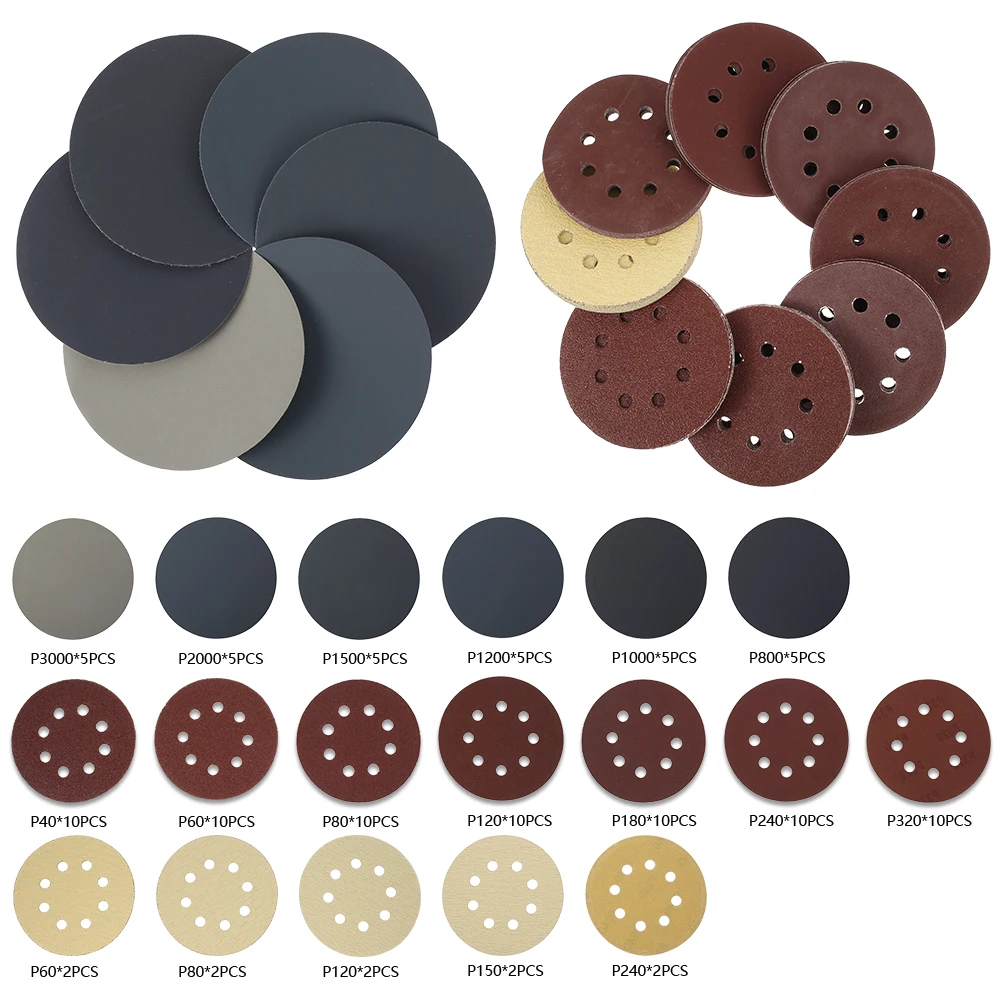 5 Inch 8 Hole Sanding Discs 125 Mm Round Sander Pads 40-320 Grit Wood Metal Disc Water Flocking Polishing Sandpaper Power Tools