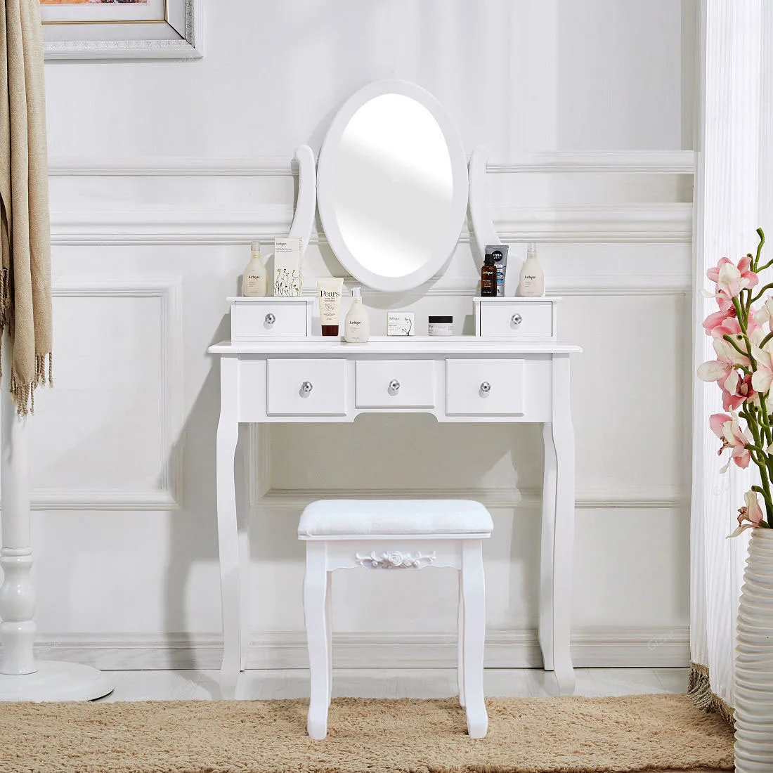 

vanity desk White Vanity table Makeup Dressing Table Set with Stool Mirror Jewelry bedroom furniture set US Shipping