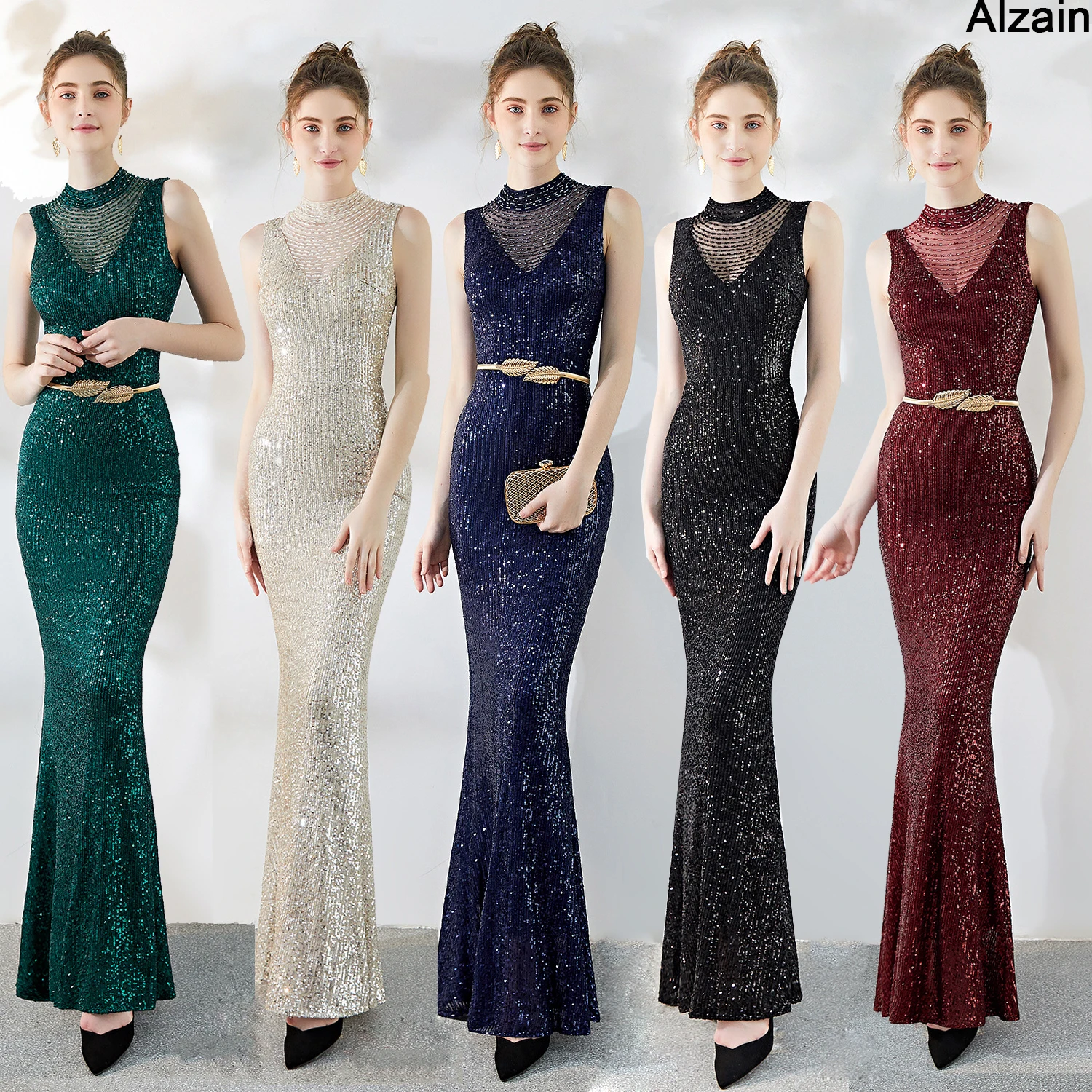 Plus Size Evening Dresses V Neck Sparkle Beading Sequin Elegant Mermaid Burgundry Long Noble luxury gold Party gown Prom Dress | Свадьбы и