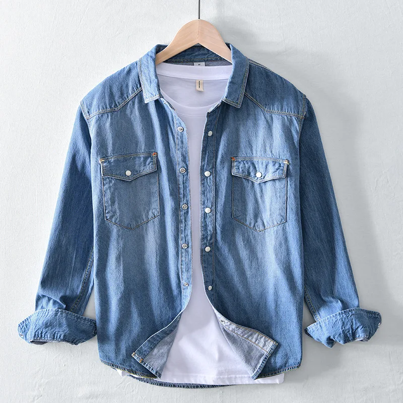 Retro Denim Shirts Men's Long Sleeve Double Chest Pocket Casual Jeans