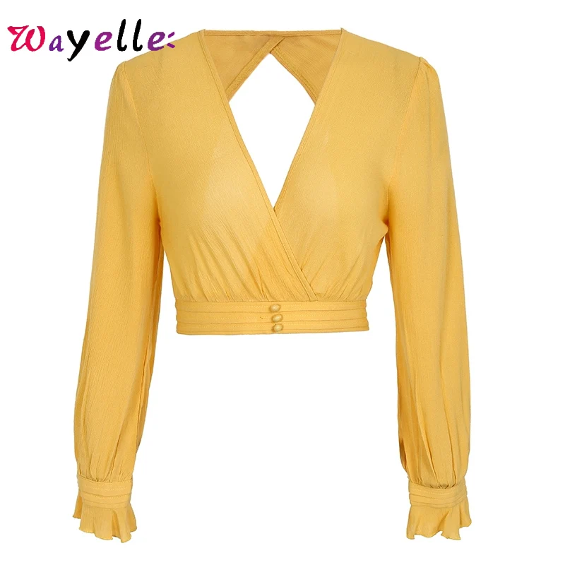 

2019 Summer Women Tank Tee V-neck Sexy Crop Ruffle Ruched Casual Top Women Backless Button Up Flare Sleeve Short Top For Women