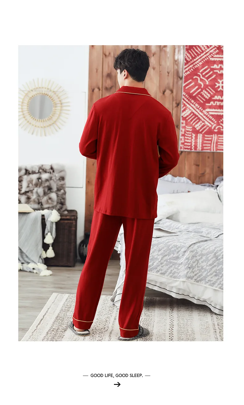 Осенняя пижама из 100% хлопка, красная Мужская домашняя одежда, комплект зимней мужской одежды для сна, однотонная одежда для отдыха, штаны с