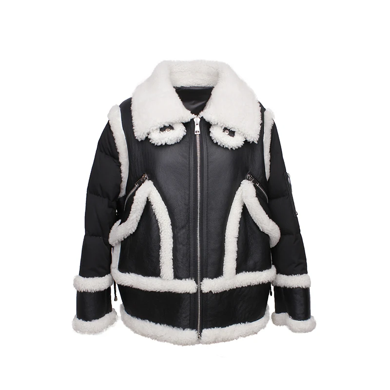 Распродажа зимняя женская мода овчина мех шерсть передняя белая утка пуховик