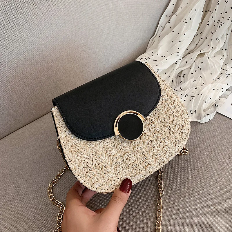 

Straw Beach Bag Women's 2019 New Style Summer Fashion Chain Saddle Bag Casual Joint Crossbody Bag