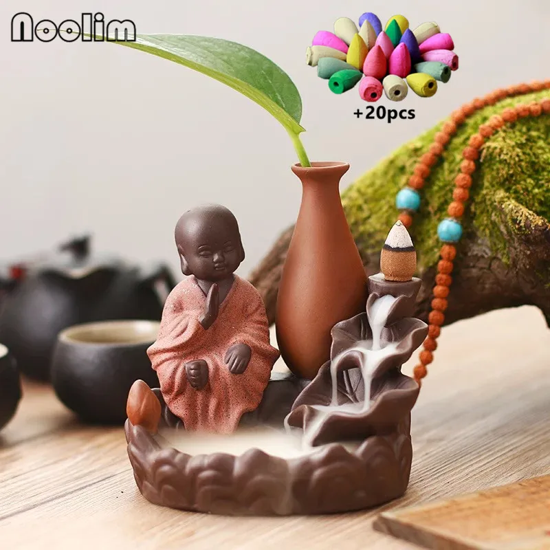 Креативный керамический Лотос маленький монах курильница для благовоний горелка Высокая горная дым водопад курильница домашний декор+ 20 шт конусов - Цвет: With 20pcs mixed-A