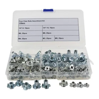 

135PCS 4 Pronged Tee Blind Nuts Furniture T Nut Inserts for Wood Knock In Wood T-Nut Four Claw Nut