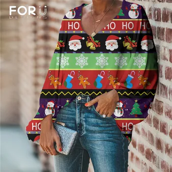 

FORUDESIGNS 2019 Large Size Blouse Christmas Pattern Blouse Casual Loose Long Sleeve Shirt Tops Plus Size V-neck