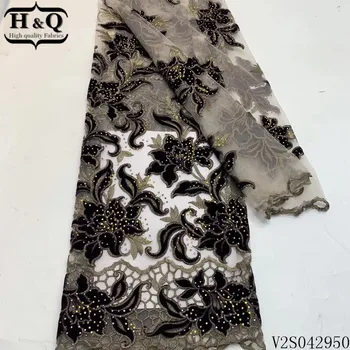 

H&Q african velvet lace fabric 2020 high quality embroidered with stones french net laces fabrics 5 yards/pcs for dress sewing