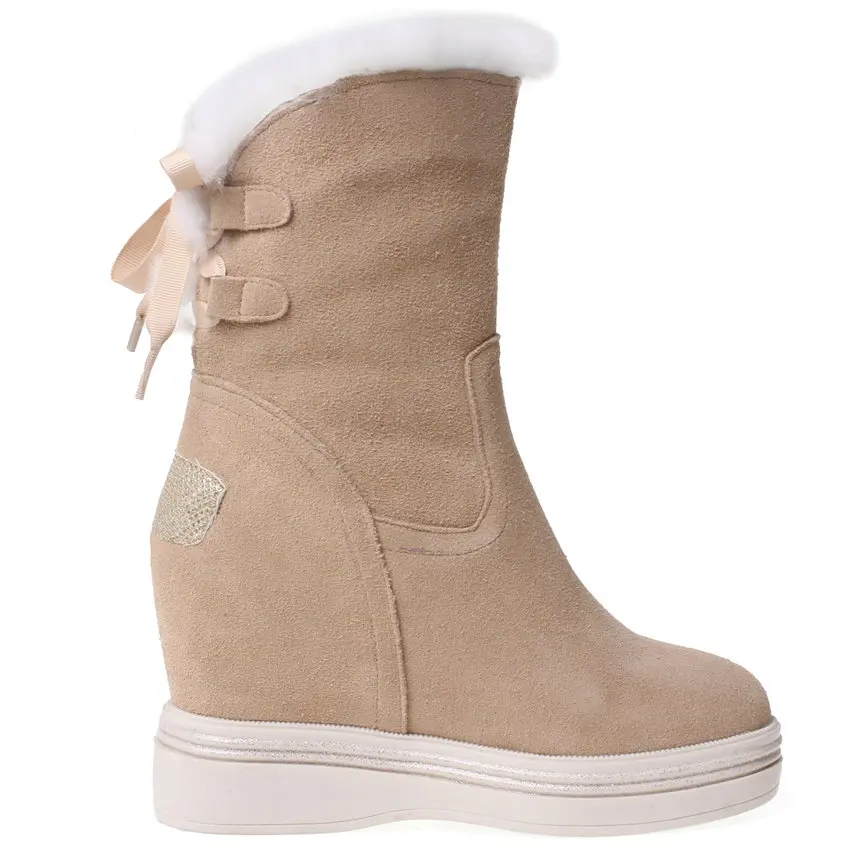 Punk Goth Trainers Women Cow Leather Wedges High Heel Snow Boots Rabbit Fur Platform Pumps High Top Winter Warm Fashion Sneakers