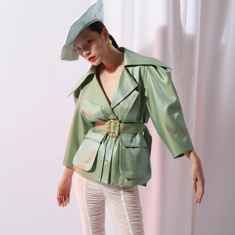 

Vintage Double V Neck Slim Waist Metal Buckle Green Women Jacket Fashion Loose Pocket Coat