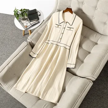 

High Quality Runway Fashion Autumn Winter Dress Long Sleeve Clothes Elegant Turn Down Collar Aline Knitted Sweater Dress