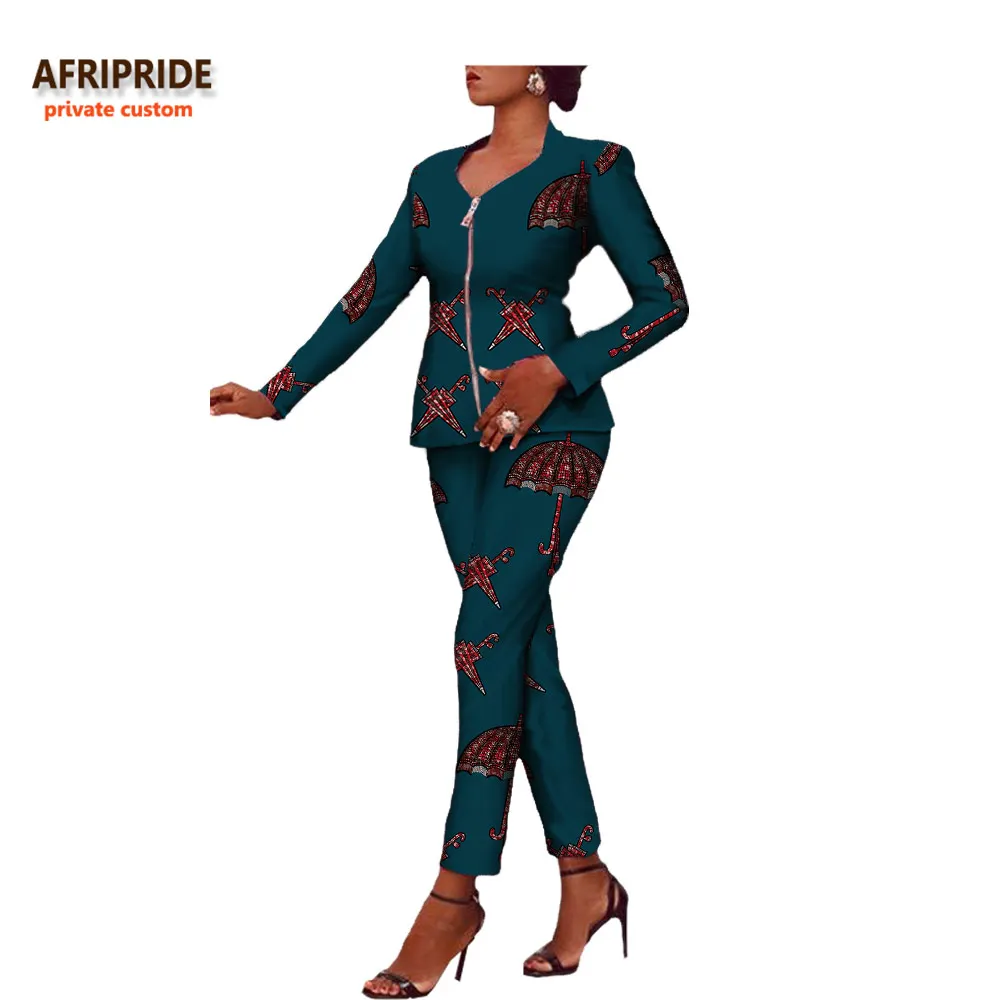 Afripride Африканский принт 2 шт брюки Блейзер костюм для женщин сделанный на заказ Молния Fly топ+ длинные брюки хлопок костюм A722634 - Цвет: 521J