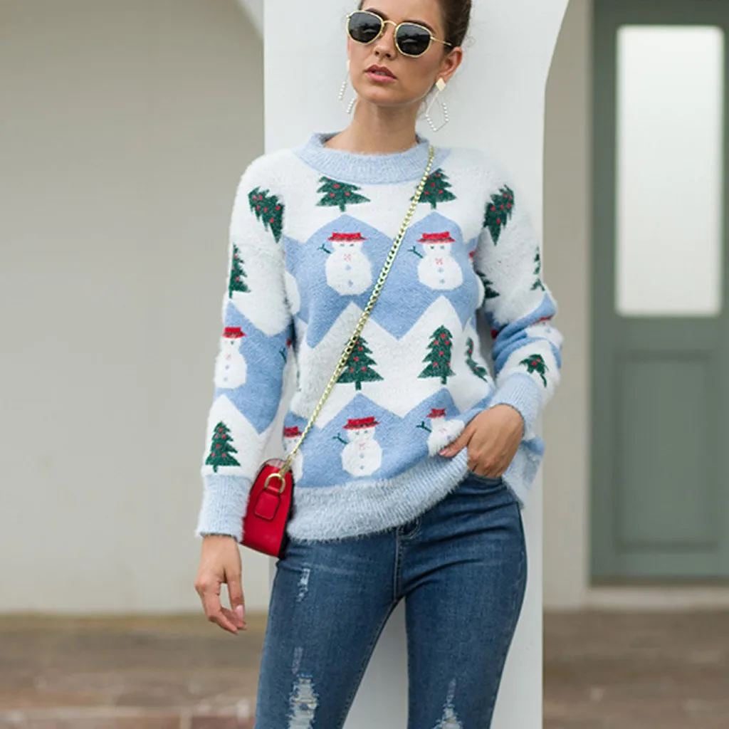 Женский Рождественский свитер, пуловер с длинным рукавом и круглым вырезом, вязаный свитер с изображением рождественской елки и снеговика, зимняя верхняя одежда, Прямая поставка