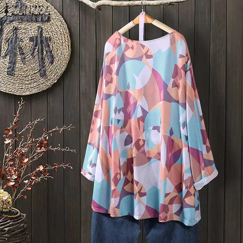 Blusas Top, ZANZEA, весенние повседневные рубашки для женщин, длинный рукав, геометрический рисунок, туника, топы, Ретро стиль, с принтом, свободная блузка, Женская сорочка