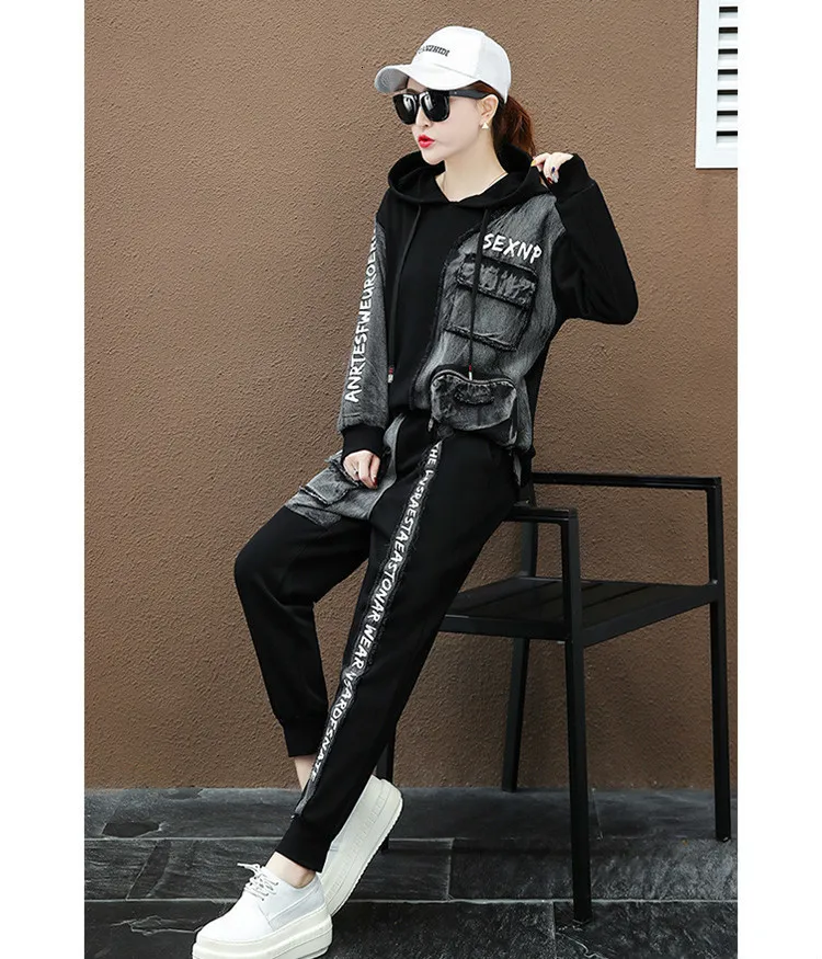 Max LuLu/модные Корейские осенние женские топы и штаны в стиле панк, женские комплекты из двух предметов, джинсовый костюм, винтажные наряды с капюшоном, большие размеры