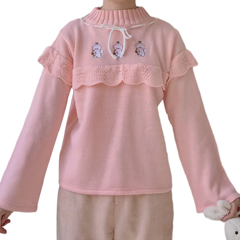 Japanese Cute Girls knit Sweater Women Kawaii Lace Embroidery Turtleneck Knitted Pullovers Winter Preppy Style Loose Jumper Tops |