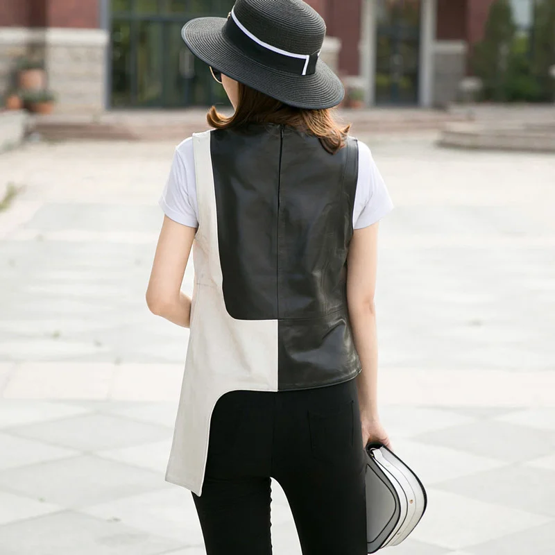 

100% Streetwear Sheepskin Real Leather Sleeveless Jacket Female OL Style O-Neck Patchwork Short Waistcoat Luxury Office Vest