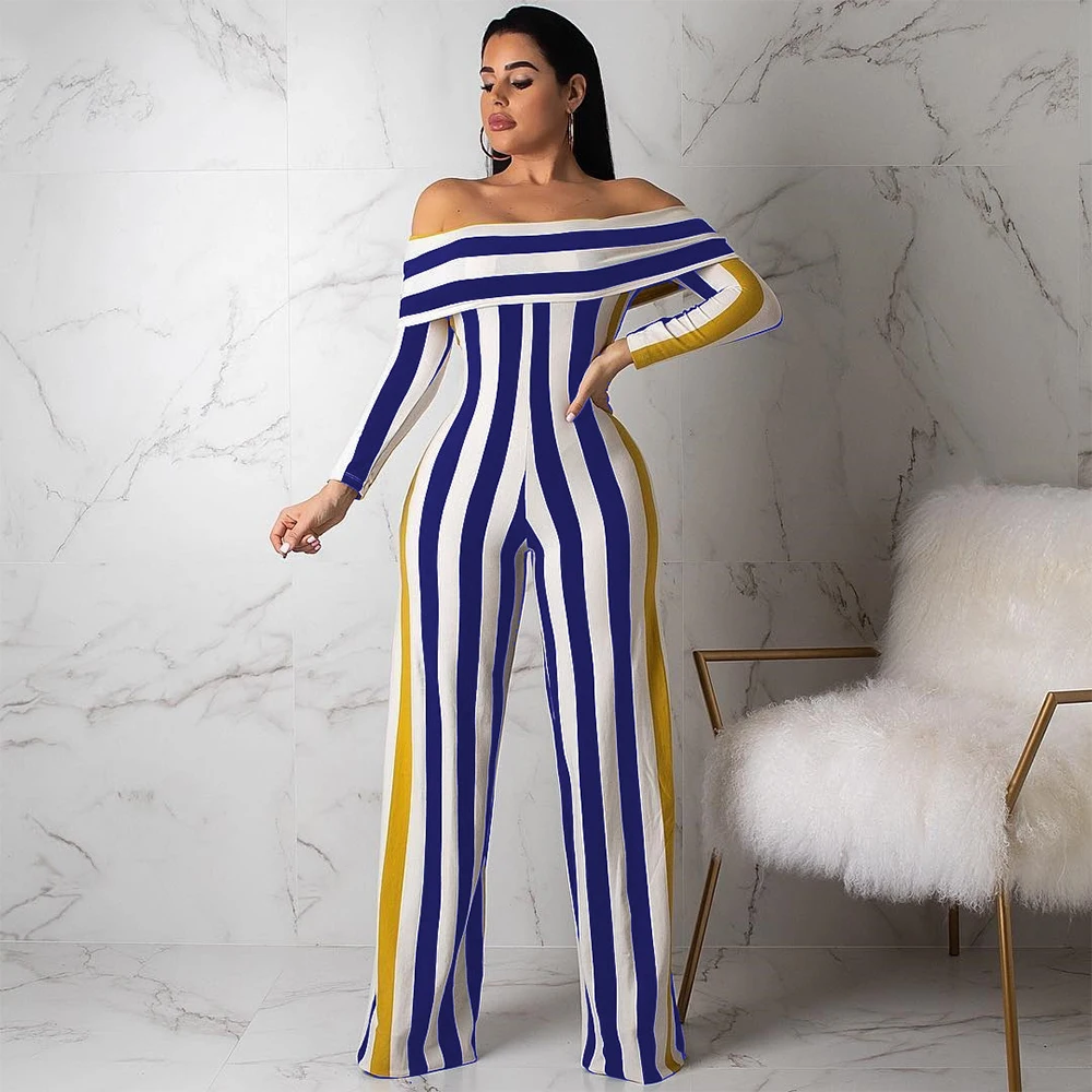 Tanie Kobiety w paski Off Shoulder Butterfly rękaw Slash Neck proste kombinezon Party noc Clubwear Plus rozmiar Bodycon pajacyki Playsuit