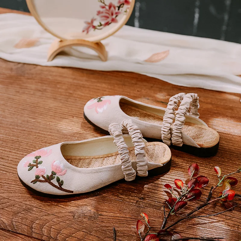 Женские шлепанцы Hanfu с вышивкой сандалии плоской подошвой из хлопка и льна