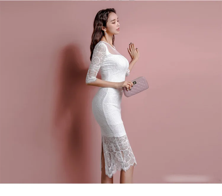 S-XL размера плюс Сетчатое лоскутное белое кружевное платье для женщин три четверти облегающее платье с запахом женское миди посылка облегающее осеннее платье