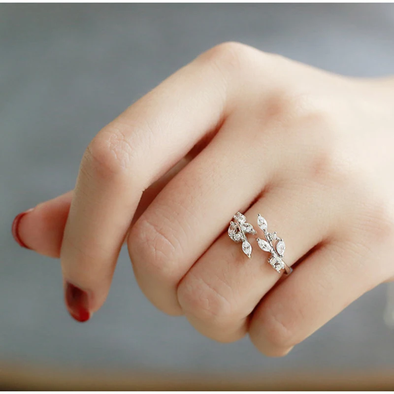 일본 한국어 유행 진짜  수제 올리브 잎 반지 CZ 지르콘 여성 유행 크기 조정 가능한 오프닝 반지 선물