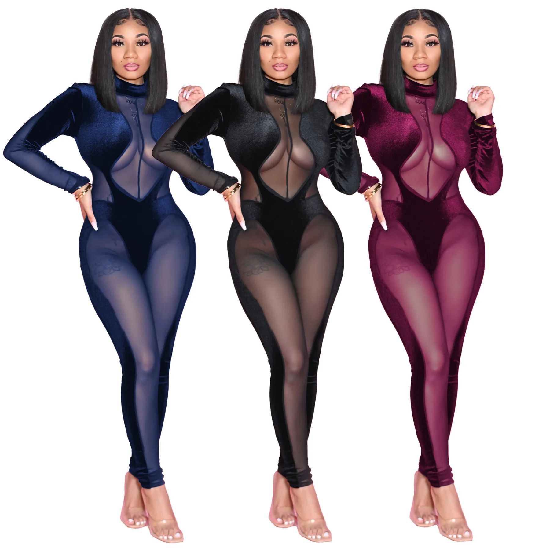 

Streetwear Gold Velvet Stitching Mesh Sexy Bodycon Autumn Jumpsuit Women Overall Long Sleeve Skinny Rompers Siamese Trousers