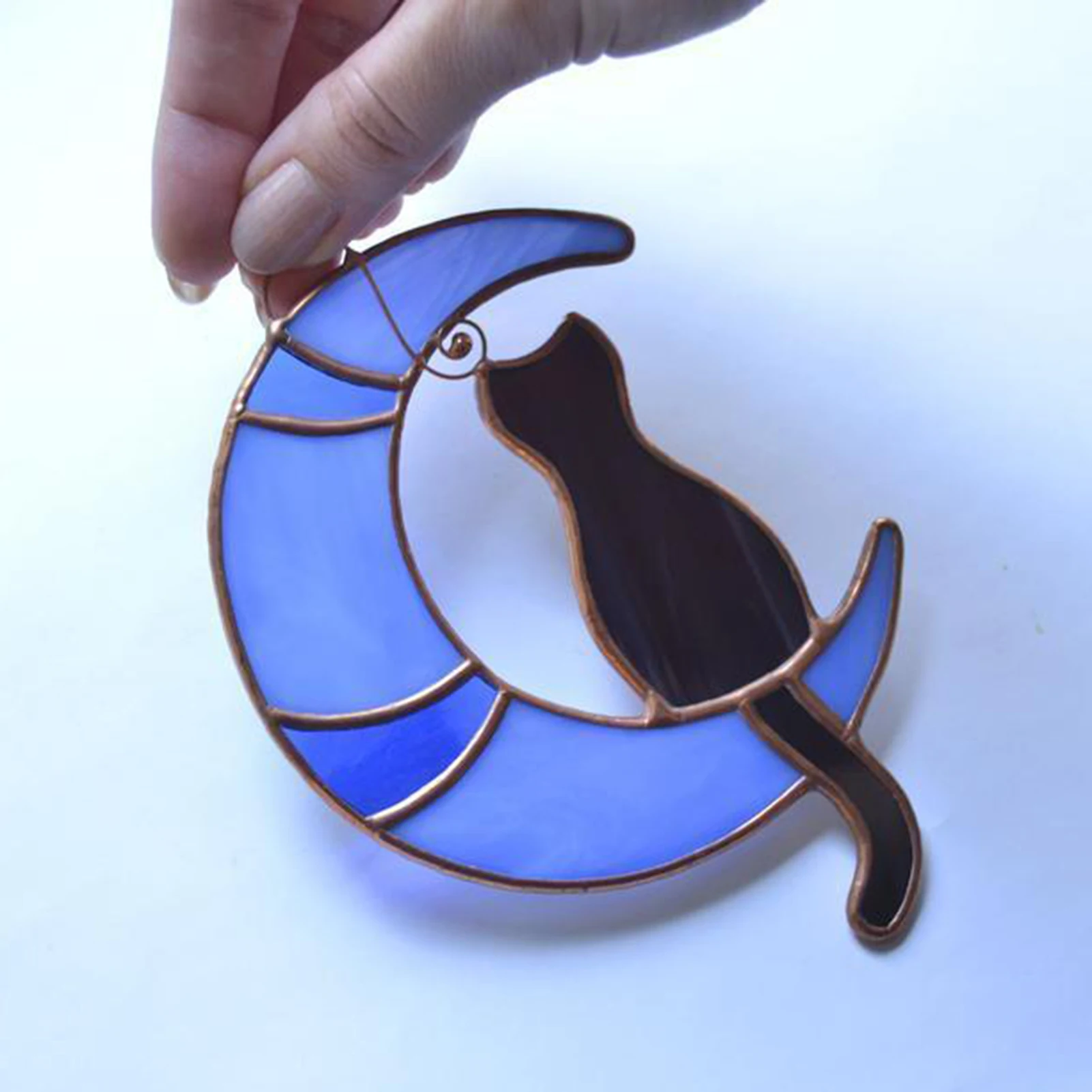 Window Hanging Suncatcher Stained Glass Cat On the Moon Cat Lover Gift Decor 