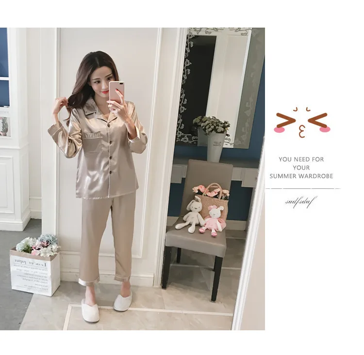 Весенние новые стильные пижамы женские шелковые с длинным рукавом костюм для отдыха удобный корейский стиль имитация шелка тканевый кардиган вискоза хо