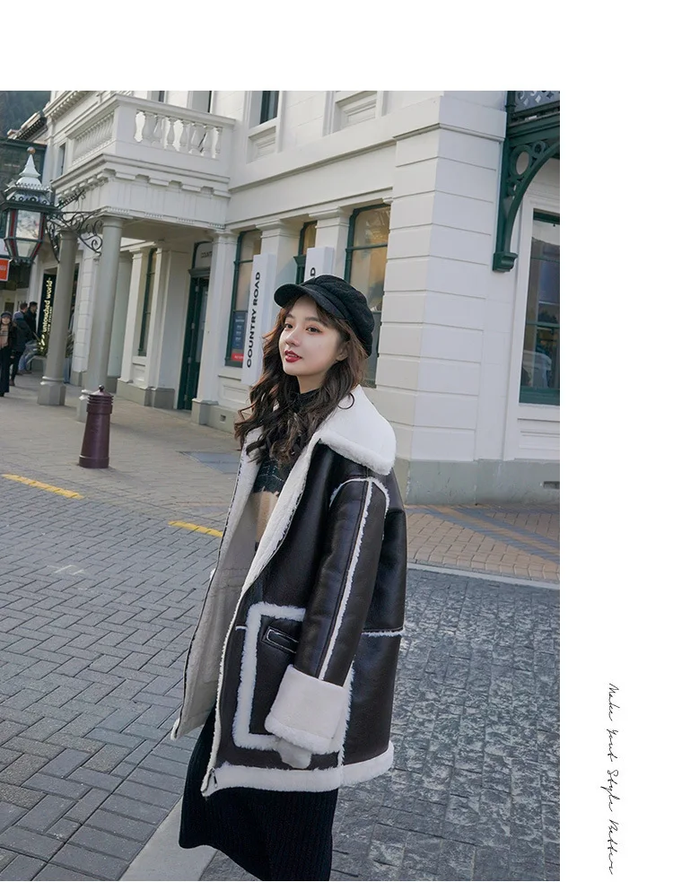 Winter simple casual fur all-in-one coat female new autumn and winter lamb wool mid-length thickened plus velvet leather coat