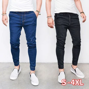 

Harem Jeans Washed Ankle Length Plus Size Men Skinny Slim Denim Jeans Hip Hop Sportswear Elastic Waist Drawstring Joggers Pants