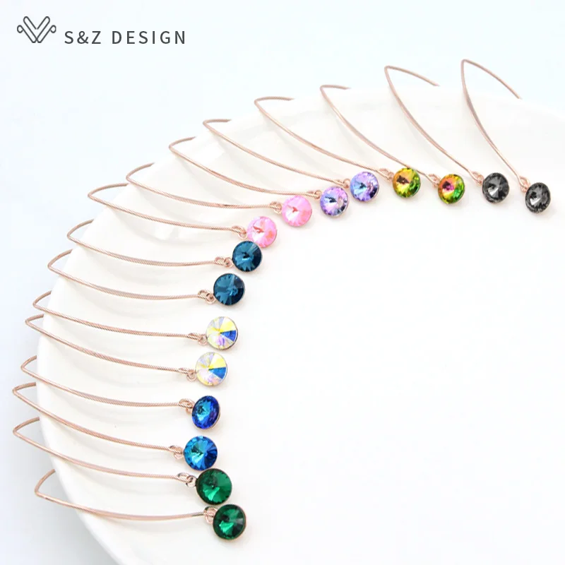 S&Z DESIGN New Fashion Long Round Colorful Crystal Dangle Earrings For Women Girl Wedding Jewelry 585 Rose Gold Color Eardrop