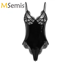 Женское боди из лакированной кожи с эффектом мокрого сна, регулируемое нижнее белье на бретельках с кружевными чашечками, боди на молнии