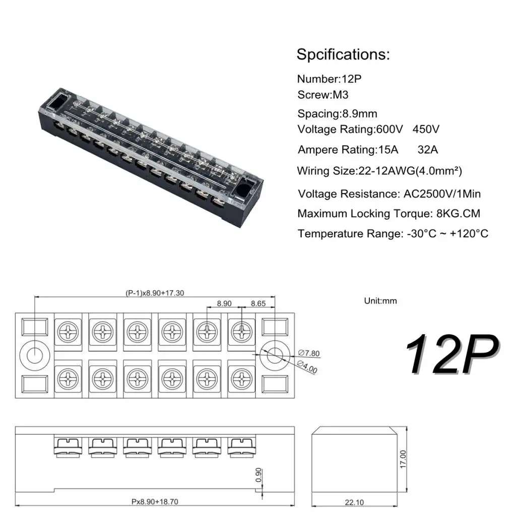 5 Sets 12P Dual Row 600V 15A Screw Terminal Strip Blocks + Jumper Barrier Strips