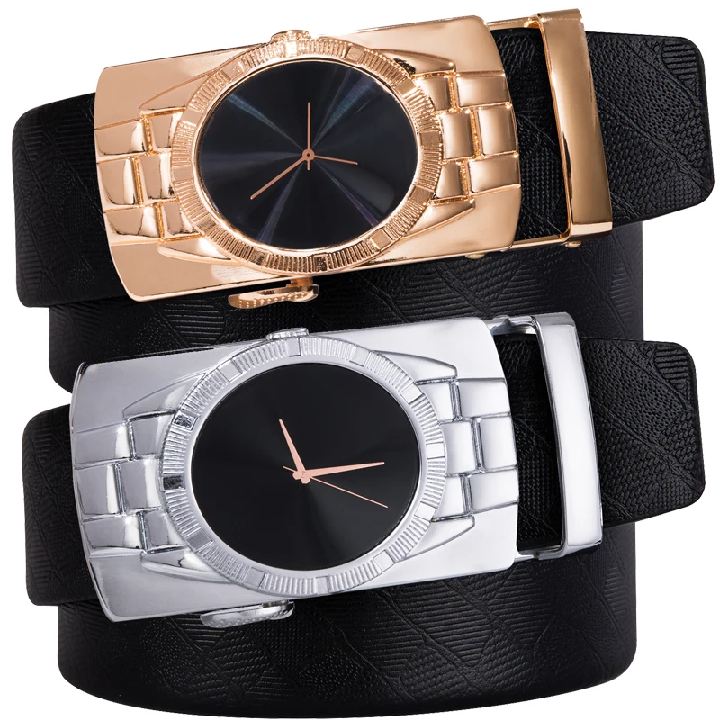 

2019 Barry.Wang Men Leather Belt Designer Clock Ratchet Buckle Gold Silver Automatic Buckle Removable Waist Belt Birthday Gift