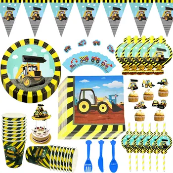 

Construction Vehicles Cars Theme Birthday Party Supplies Plates Cups Flags Napkin Disposable Tableware Kids Favors Party Decor