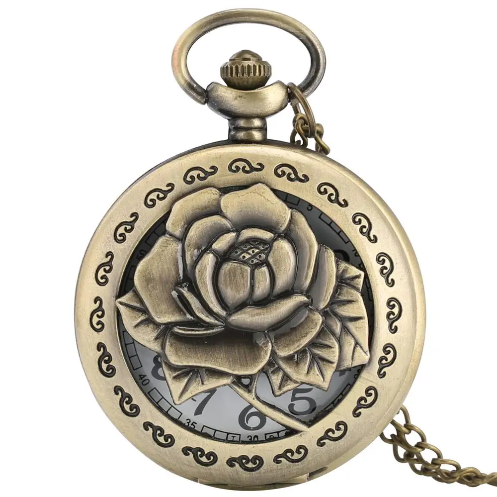 Montre De Poche À Quartz Antique, Boîtier De Roses Sculptées, Creux, Pendentif Creux, Collier Chaîne, Accessoire, Horloge En Bronze, Cadeaux