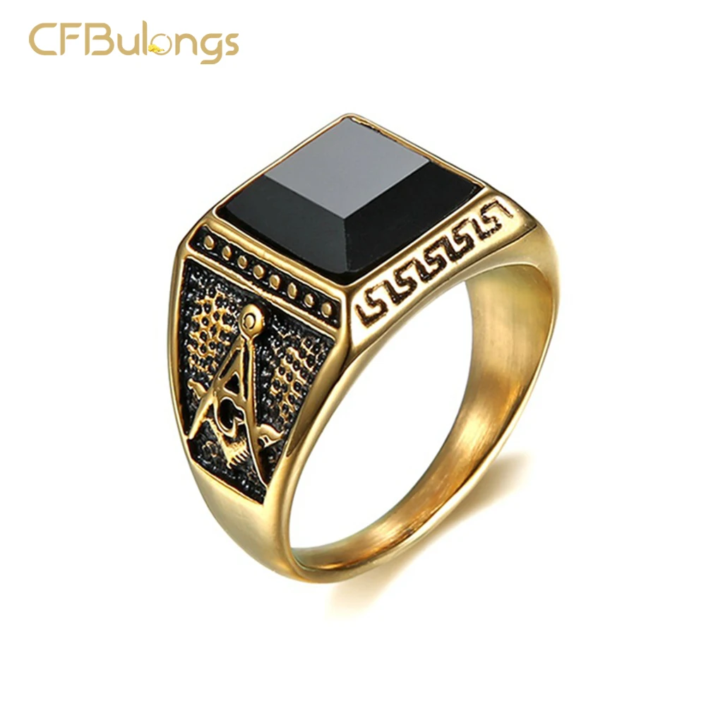 CFBulongs Vintage Black Gold Zircon Men's Ring Mason Masonic Stainless Steel AG Logo Punk Jewelry | Украшения и аксессуары