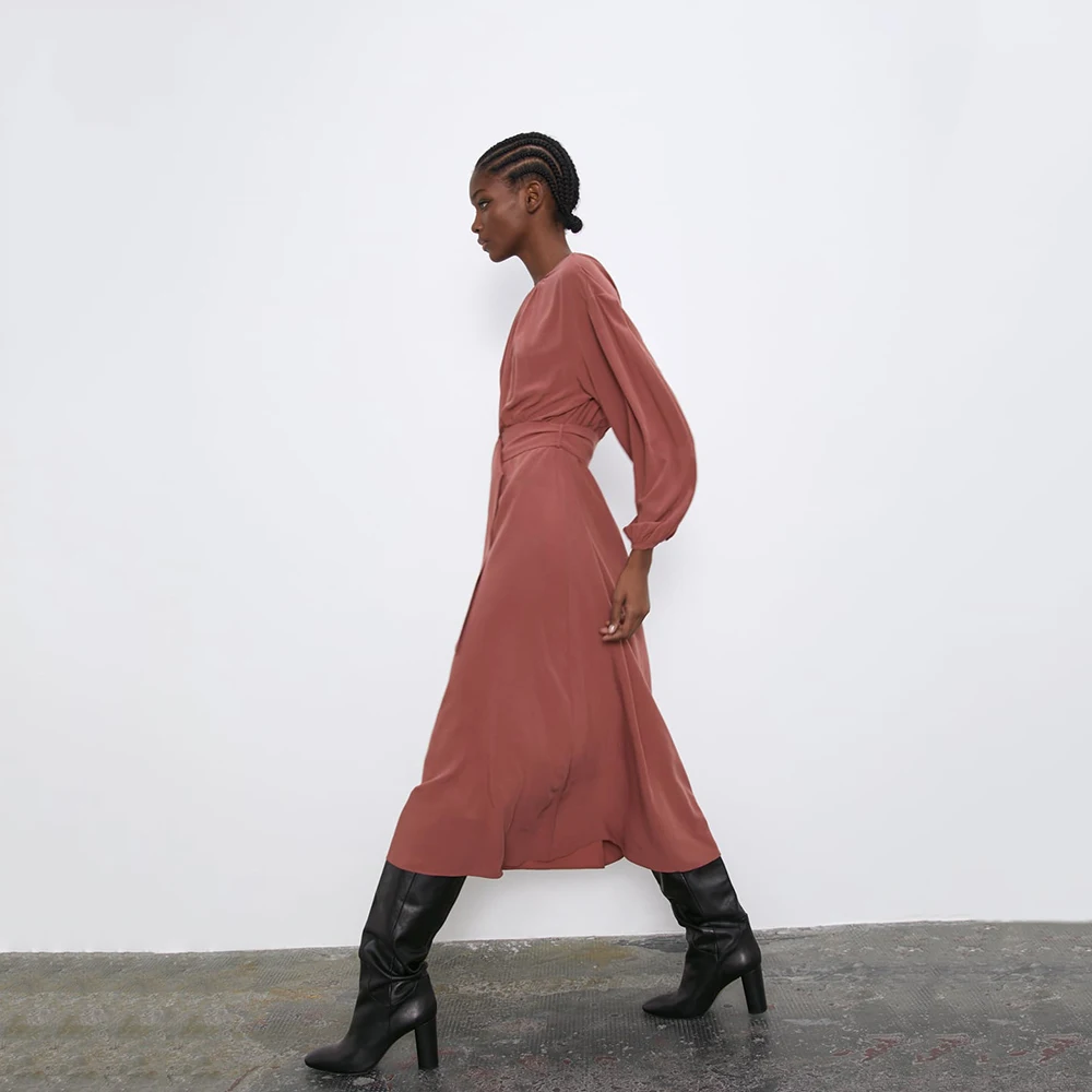 Женское богемное платье ZA однотонное элегантное плиссированное с круглым