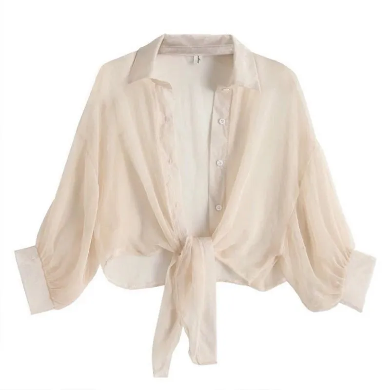 

Solid Color Women tops and blouses Loose Lapel Sunscreen Blouse Lady Vintage Long Sleeve Casual Tops