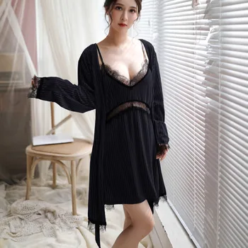 

New Style Fashion Sexy Women Pajamas Wireless Rimless Solid V-neck Lace Nightdress Silk Underwear For Female Sleepwear S-XL