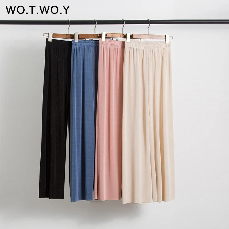 WOTWOY Shiny Lurex Solid Wide Leg Pants Women High Waist Silk Loose Pants Women Full Length Summer Casual Trousers Femme Soft WOTWOY Shiny Lurex Solid Wide Leg Pants Women High Waist Silk Loose Pants Women Full Length Summer Casual Trousers Femme Soft