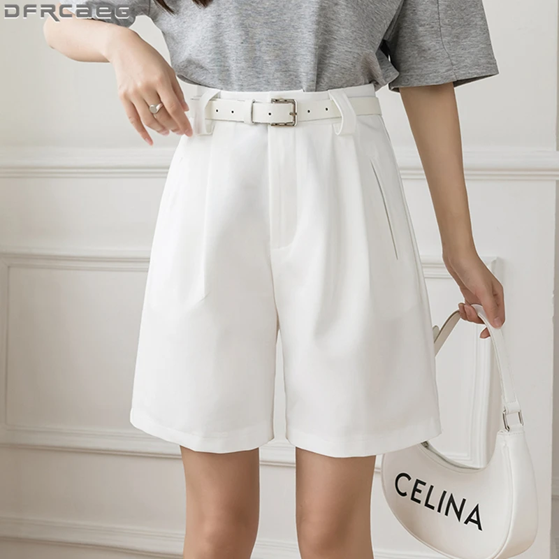 Pantaloncini neri cachi o bianchi donna elegante cintura OL di alta qualità pantaloncini  corti estivi Femme Casual allentati a gamba larga|Shorts| - AliExpress