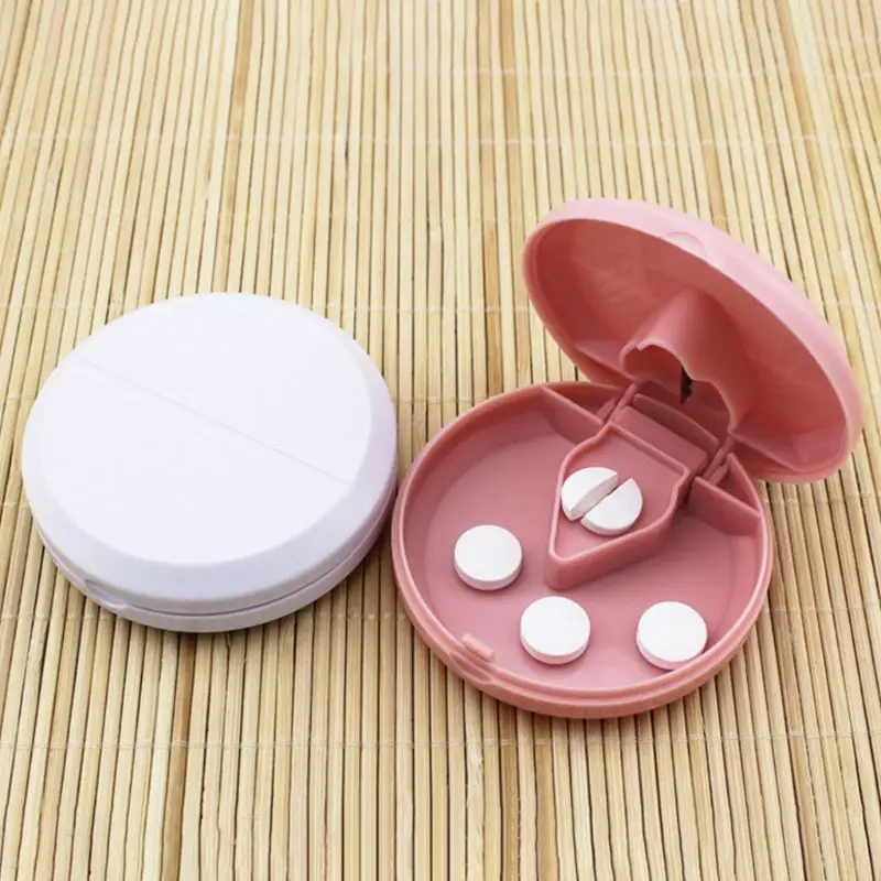 Home Portable Round Shape Pill Splitter Case Medicine Tablet Cutter Holder Doser Divide Storage Compartment Box Safety Shield