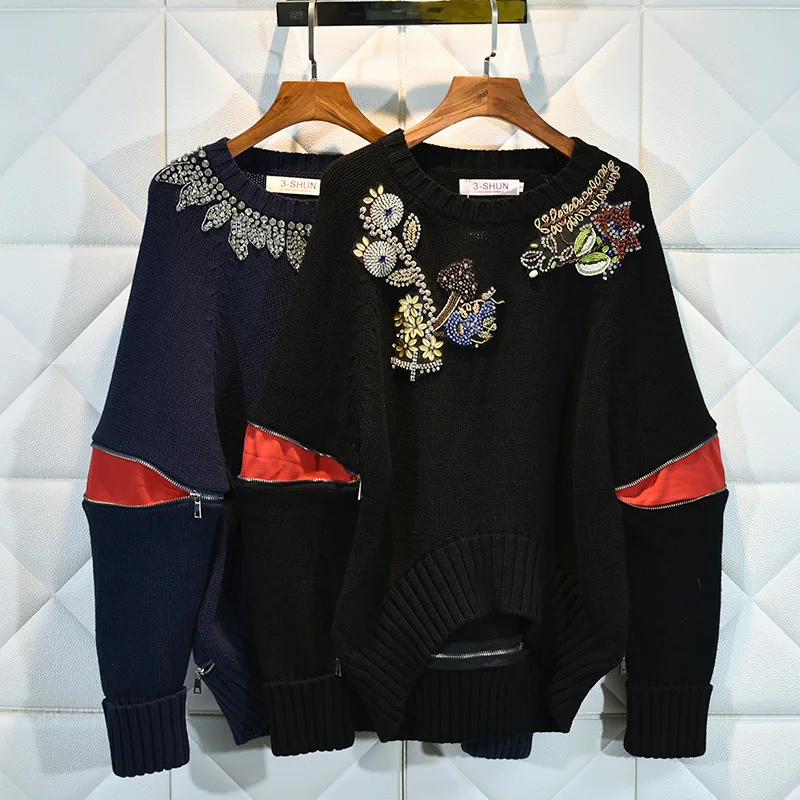 

Luxury Brand Designer Knitted Pullovers for Women Causel O Neck Embroidery Beading Batwing Sleeve Loose Knitted Sweater